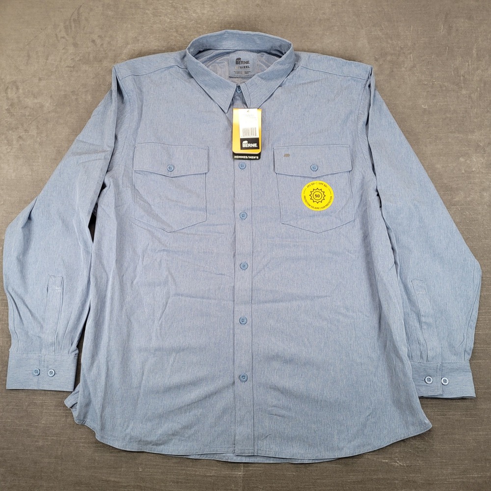Berne Mens 2XL Blue Long Sleeve Vented Fishing Sun Protection Shirt New